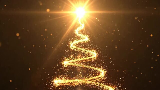 Golden light forms a festive tree shape against a dark background, sparkling with bokeh.