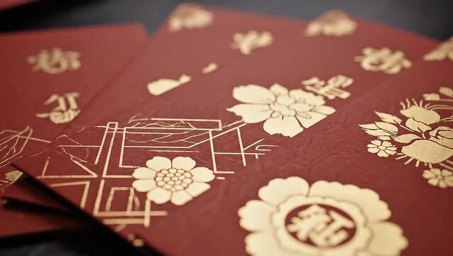 Close-up of red envelopes with gold designs for Chinese New Year on a dark surface