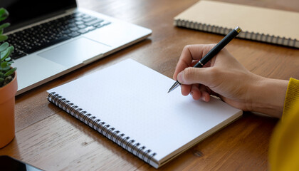 Professional workspace with a focused person writing strategic plans in a notebook beside a laptop. Minimal modern desk, soft natural light productivity business planning and optimistic future concept