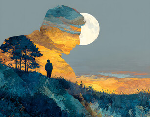 Illustration depicts therapy concept hypnosis, regression, introspection. Human silhouette filled serene landscape, full moon, lone figure, evoking mind healing, consciousness. AI generated art.