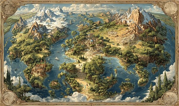 A detailed illustrated fantasy map with archipelagos mountain ranges climate zones and ancient world styling