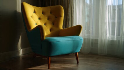 Elegant Modern Colorful Armchair in Sunlit Cozy Living Room with Soft Drapes and Wooden Floor Focus