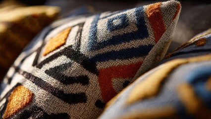 Close-up of Colorful Patterned Textiles and Cushions Showcasing Vibrant Geometric Designs with Warm Tones and Detailed Fabric Texture