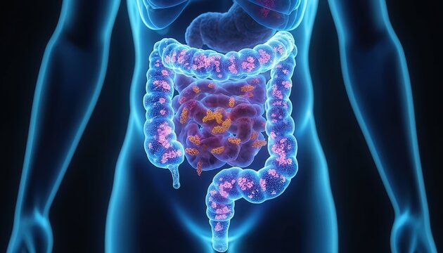 Human digestive system interior view showing gut microbiome. Microbes and bacteria colonize intestinal tract. Intestines function with flora.