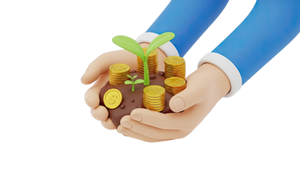 Hands Holding Growing Money Plant with Gold Coins