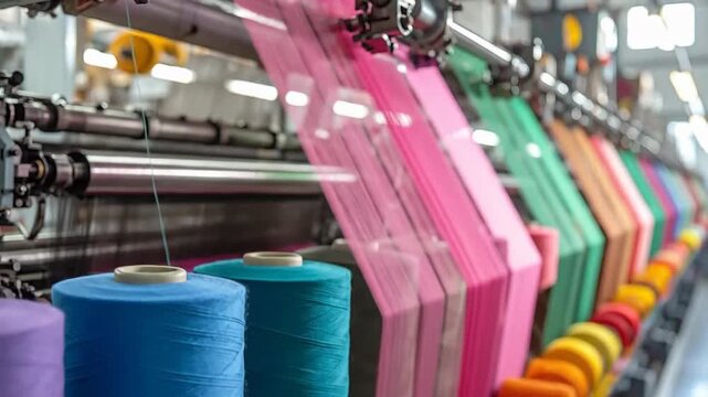Colorful spools of thread on a textile machine in a factory.