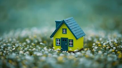 Tiny Yellow Model House with a Teal Roof Nestled in a Field of Soft White Wildflowers, Symbolizing Green Living and Sustainable Housing.
