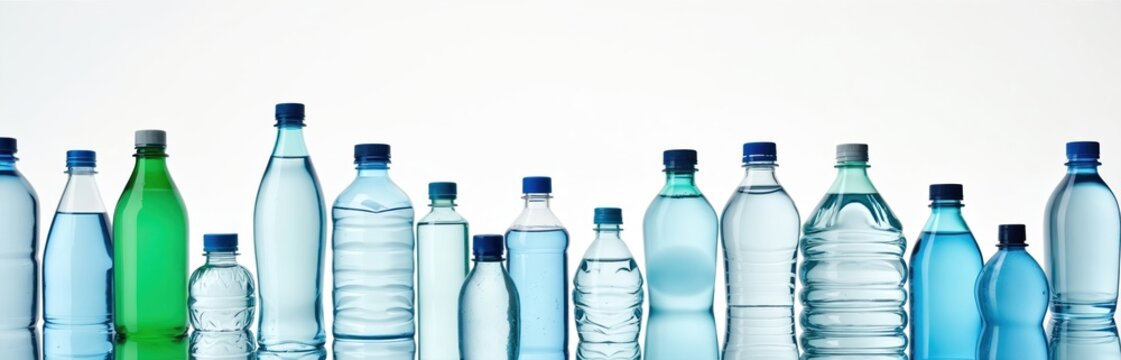 Group of plastic water bottles different sizes shapes colors isolated white background. Clear liquid containers studio shot. Drinking water pack.