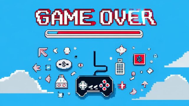 Game over screen with a retro video game controller surrounded by pixelated icons on a sky blue background
