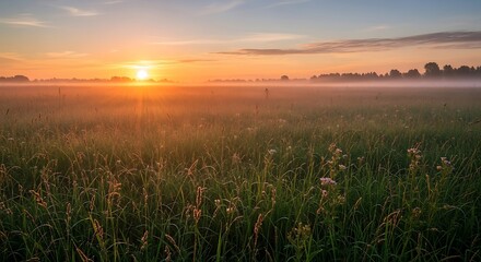 Fototapeta premium Golden sunrise breaking through morning mist over a dew-kissed grassy field