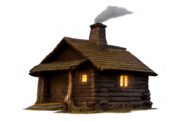 Cozy rustic log cabin with glowing windows and smoke rising from chimney on transparent background