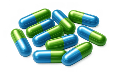 Pharmaceutical capsules in blue and green colors symbolizing health, treatment, and medical research on transparent background