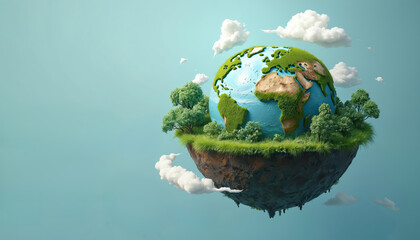 Green earth floats in sky with clouds. Lush trees and grass grow on its surface. Fragment of land with flora suspended against blue backdrop, representing global nature.
