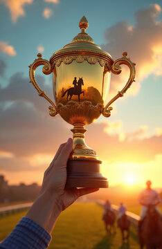 Golden trophy cup held by hand at sunset racecourse. Jockey on horse silhouette reflected in shiny metal prize. Horse racing winner receives award.