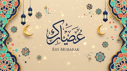 Elegant Eid Mubarak greeting background with ornate Arabic calligraphy, golden moons, and lanterns. Intricate Islamic patterns and sparkling elements create a festive background for celebration