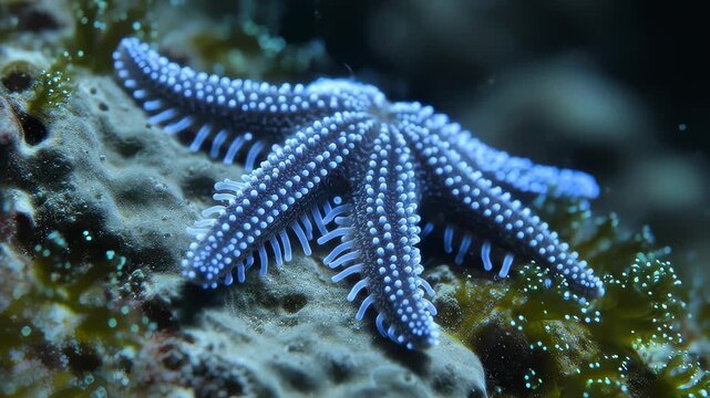 Close-Up Starfish Resting on Ocean Floor Bed With Soft Blue Lighting