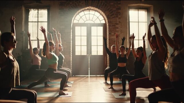 Group of women engaged in a yoga session, transitioning from standing poses to lunges, arms raised, showcasing strength and focus in a sunlit studio with wooden beams