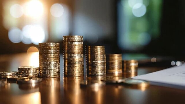 Stacks of shiny coins create a rising graph, symbolizing economic growth and financial success.