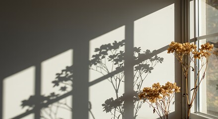 Golden Hour Sunlight Casts Dramatic Tree Shadows on Textured Wall with Dried Flowers.