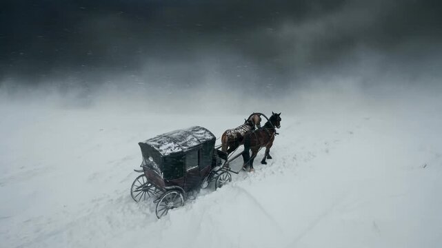 Horse-drawn carriage navigates through deep snow, with a horse pulling the cart steadily, showcasing the struggle against harsh winter conditions in a snowy landscape