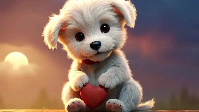 Closeup of cartoon white puppy holding red heart against sunset background. Valentine concept of pet brands greeting card designs.