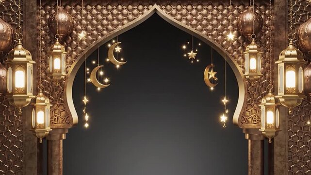 Ramadan Kareem Background with Lanterns and Crescent Moons.
