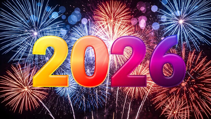 Happy new year 2026 celebration with colorful fireworks display in the night sky