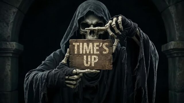 Grim Reaper Holding Time's Up Sign in Dark Stone Archway 3D Render
