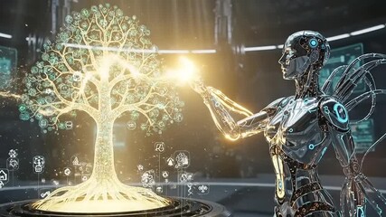 A robot touches a glowing tree with circuits in a futuristic laboratory setting with technology.