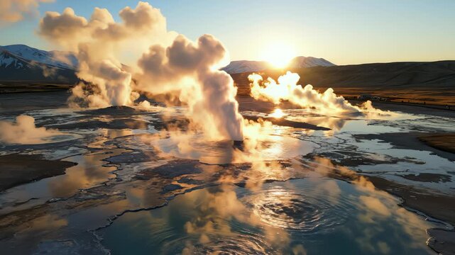 Icelandic Geothermal Area: Hot Spring Landscape With Steam at Sunrise