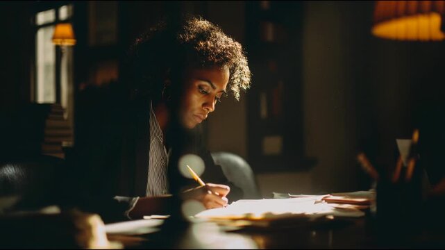 African American woman focused on writing notes with a pencil on a desk illuminated by soft light, surrounded by scattered papers and books, showcasing concentration and detail