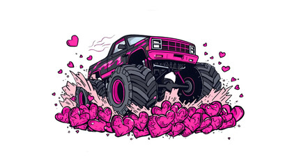 Vibrant Pink Monster Truck Crushing a Pile of Stylized Hearts, Dynamic Illustration on Transparant Background © ZeinLens