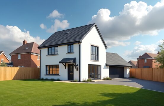 Modern white detached house with grey roof and dark windows sits on neat green lawn. Attached garage has dark door. Sunny day with blue sky and white clouds overhead.