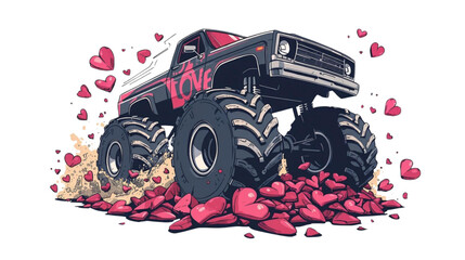 Powerful Monster Truck Adorned with love Crushing Vibrant Pink Hearts on Transparant Background © ZeinLens