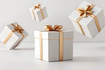 White gift boxes with gold ribbons floating in the air on a clean minimalist background.