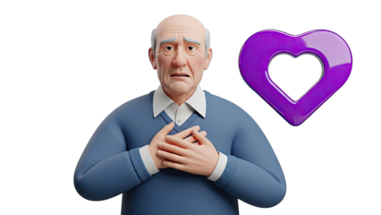 Elderly man clutching chest with purple heart icon