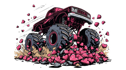 Vibrant Pink Monster Truck Driving over a Pile of Sparkling Hearts Illustration © ZeinLens