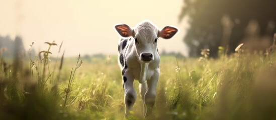 A charming calf stands in a field of tall grass, bathed in sunlight, a serene rural scene.