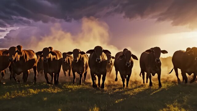 Herd of Cattle Running Through Dusty Pasture During Sunset Glow