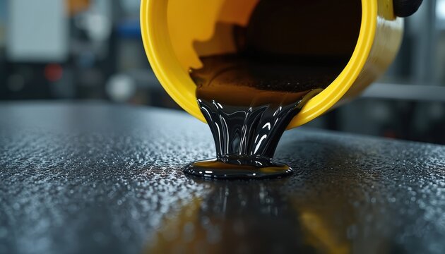Black liquid pours from yellow container onto dark surface. Close up view shows viscous fluid spreading slowly. Substance could be resin, paint, or oil. Industrial setting suggested.
