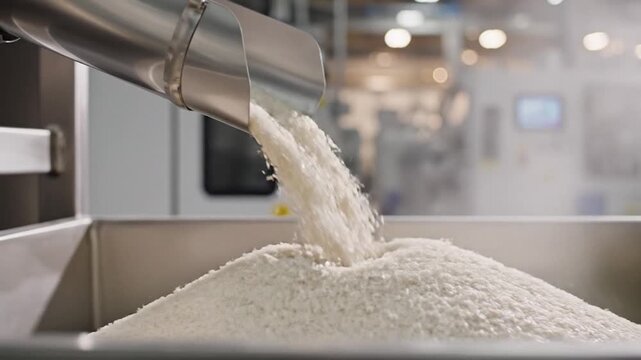 Rice Production - Automated Filling Process in a Modern Food Factory.