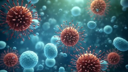 A detailed 3D rendering of viral particles floating in a fluid environment with a blue background, representing a microscopic view of a viral infection or pandemic - Powered by Adobe