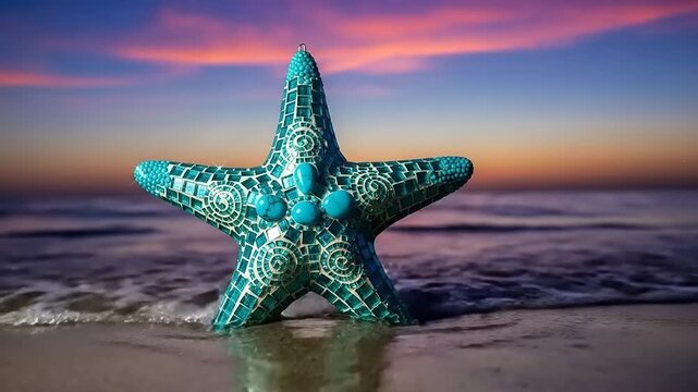 Mosaic starfish sculpture stands alone on a serene beach at sunset with ocean waves.