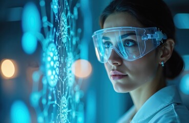 Woman scientist wears protective glasses, examines glowing digital network model. Researching medical solutions, innovating drug discovery, advancing future science in lab.