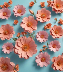 Fototapeta premium Paper flowers on light blue background with space, paper flowers, colourful, paper