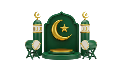 Islamic Celebration Scene with Crescent Moon, Star, Minarets, and Drums