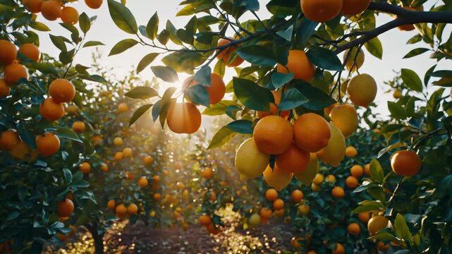 Ripe oranges and bright yellow lemons hang heavily from lush green branches in a sun drenched citrus orchard, where the golden hour light filters dramatically through the leaves, promising.
