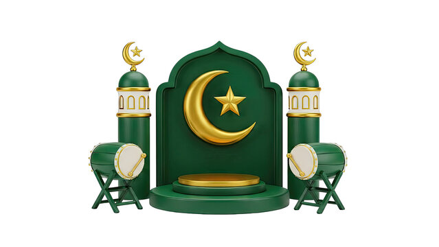 Islamic Celebration Scene with Crescent Moon, Star, Minarets, and Drums