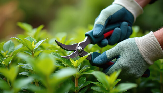 Gloved hands use sharp shears to trim vibrant green plant foliage. Gardener shapes bush with precision tool for tidy landscaping and outdoor garden care. Healthy nature growth.