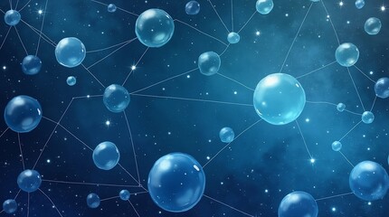 A seamless whimsical pattern of soft, translucent water bubbles in blue background linked by fine lines